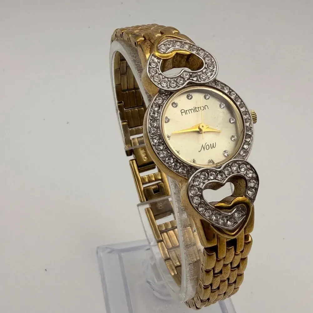 Charming Armitron Now Women's Gold-Tone Rhinestone Heart Watch New Battery